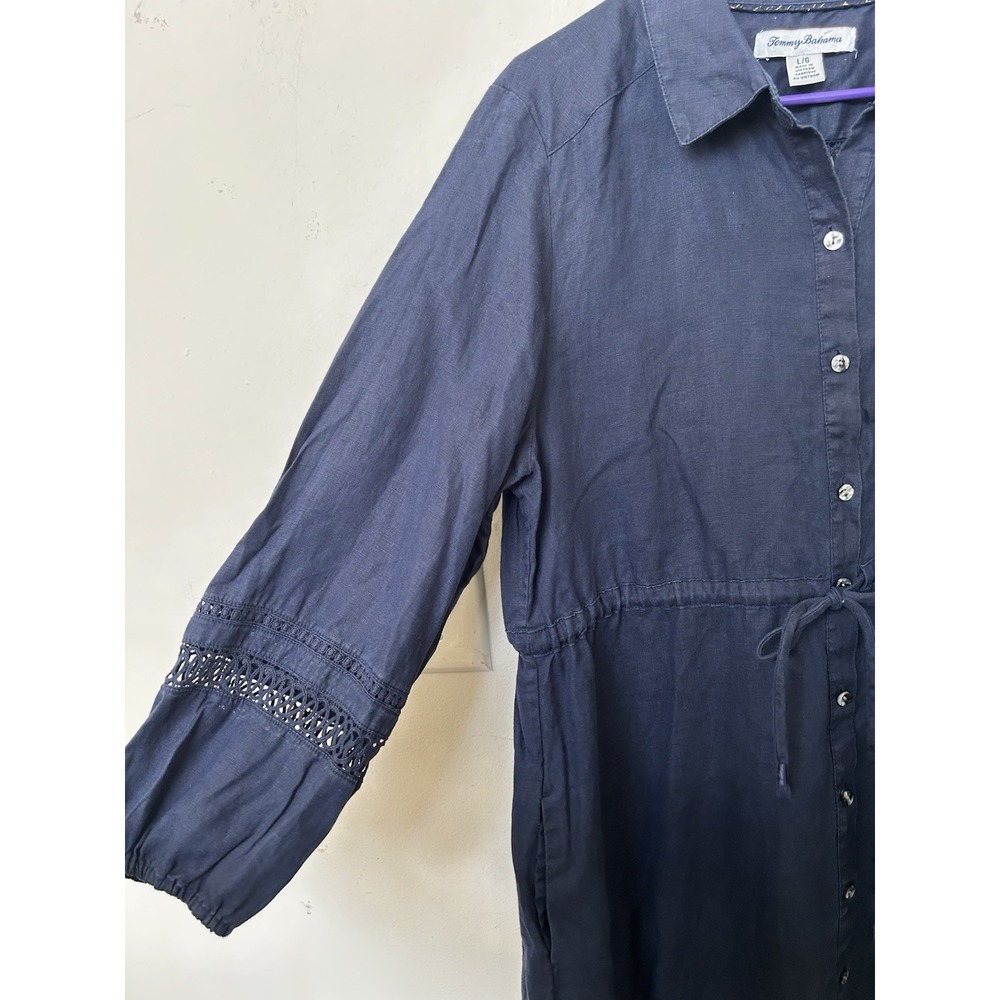 Tommy Bahama Coastalina Linen Shirt Dress L Navy Boho Resort Casual Lagenlook - Picture 3 of 6